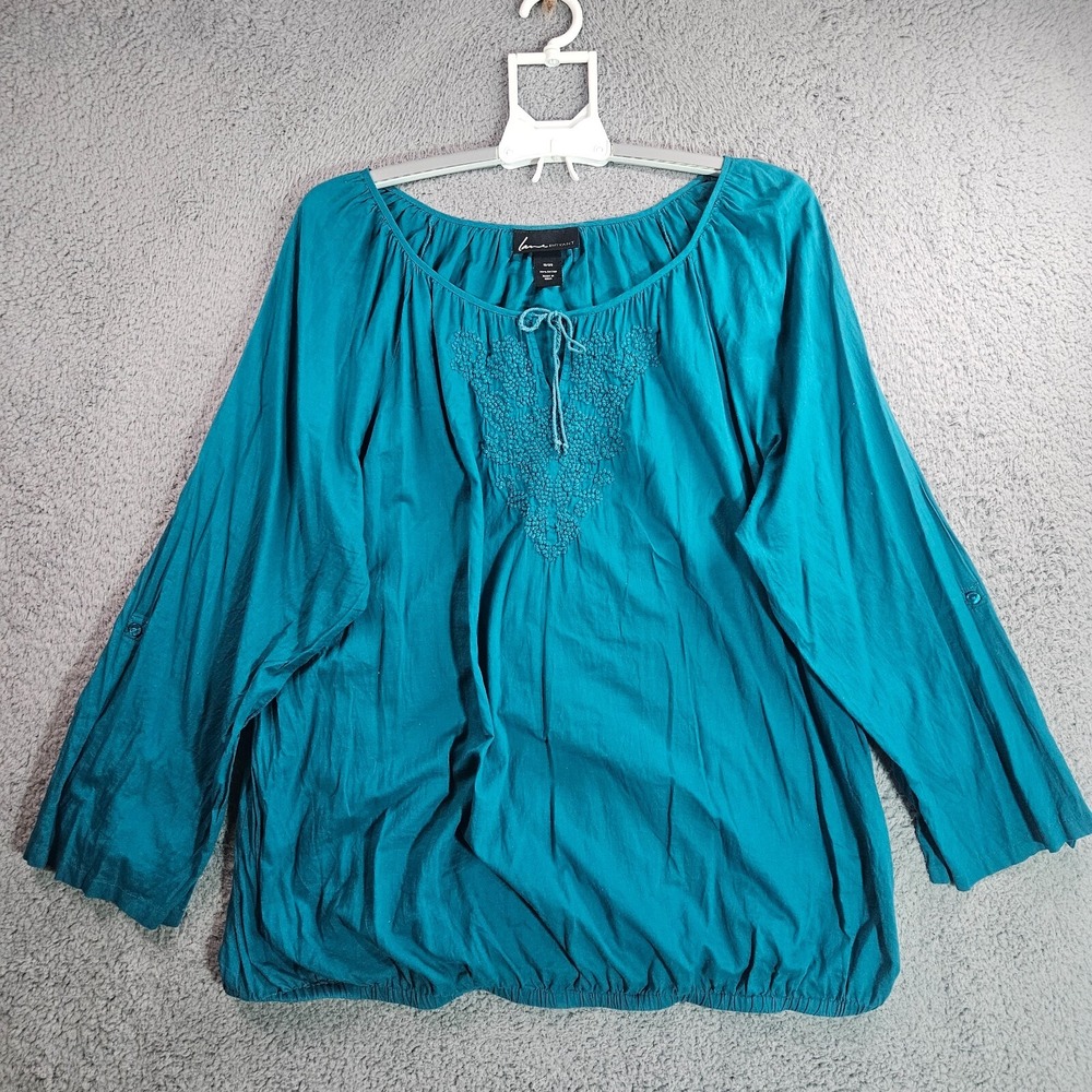 Lane Bryant Top Blouse Women Size 18 / 20 Embroidered Elastic Hem Green-Pls Read